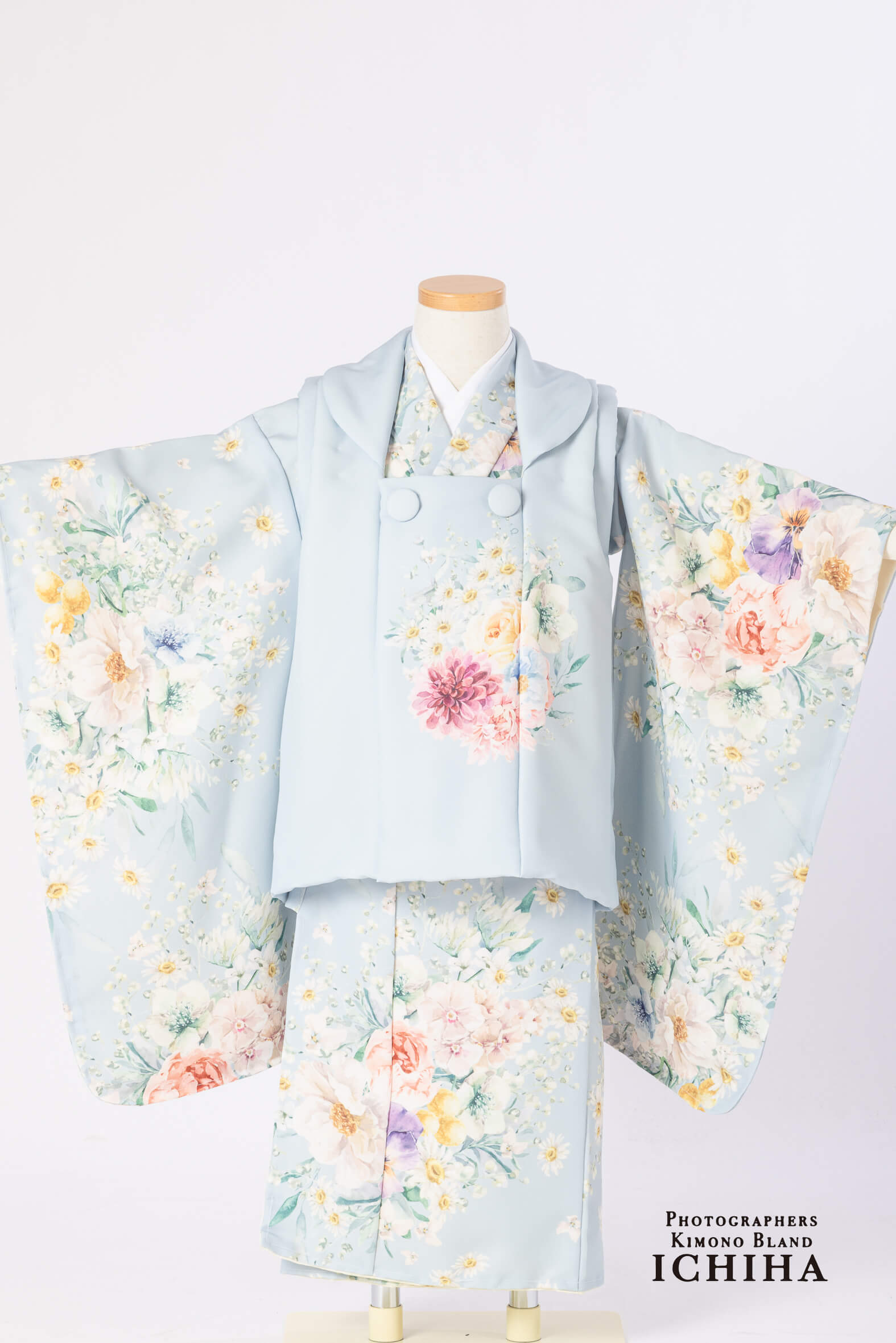 3歳七五三着物レンタルママとお揃い洋花水色系