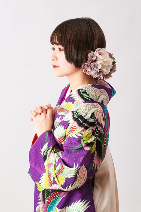 波に鶴　紫　大正ロマンなアンティーク着物復刻デザイン卒業袴セット