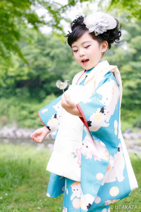 3歳　七五三レンタル　アンティーク調　猫五輪水色