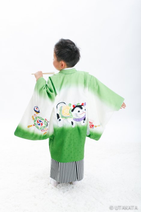 レトロ狛犬刺繍　グリーン　羽織袴セット　5歳