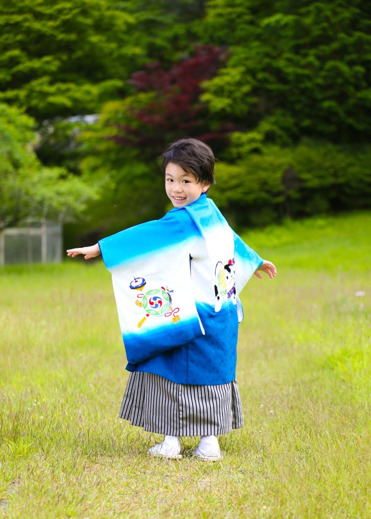 レトロ狛犬刺繍　青　羽織袴セット　5歳