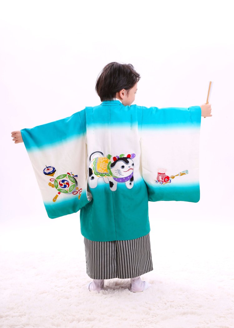 レトロ狛犬刺繍エメラルド 織袴セット　5歳