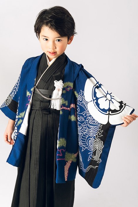 5歳七五三羽織袴セット　紺青 （家紋龍）　