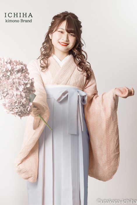 総レース卒業袴レンタル・フルセット　くすみピンク着物×シルバーブルー袴